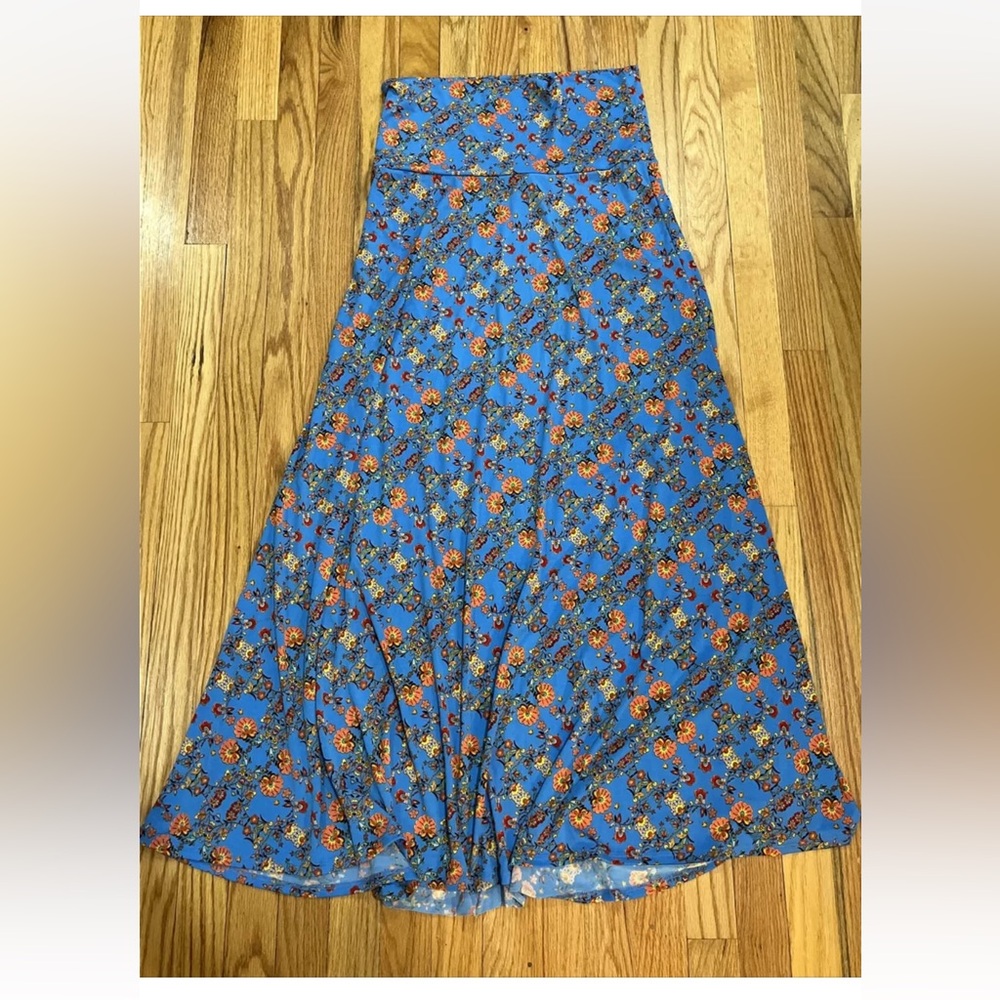 LuLaRoe Medium Cornflower Blue Red Coral Yellow Floral Slinky Maxi Skirt